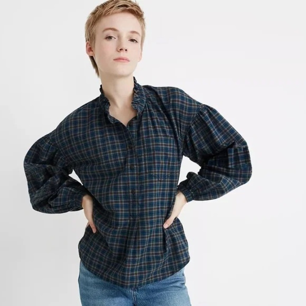Madewell Plaid Ruffleneck Popover Top Blouse button down size small
